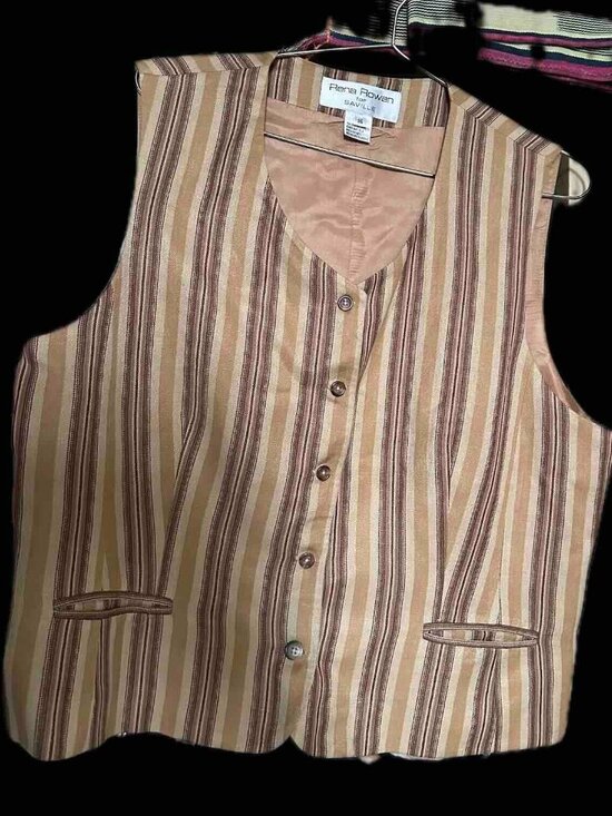Rena Rowan for Saville Jackets & Blazers - Vintage Rena Rowan Saville Vest Linen Lined XL 16 Like New Striped TanBrown